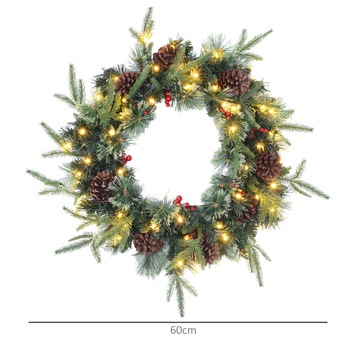 Aosom UK Pre-Lit 60cm Christmas Wreath - LED Lights, Pine Cones, Red Berries Festive Door & Window Decor - Seasonal Wall Accent for Home and Office