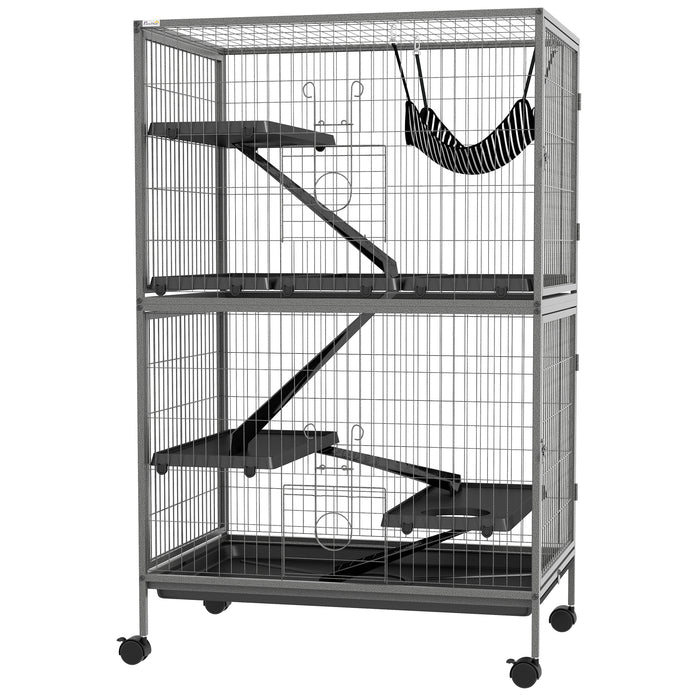 Chinchilla & Ferret Mobile Home - Small Animal Cage with Hammock & Wheels, Removable Tray in Silver Grey - Ideal for Kitten Care and Easy Mobility