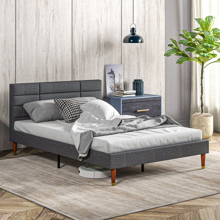 4ft5 Double Platform Bed - Upholstered with Tufted Headboard, Underbed Storage, Wood Slat Support - No Box Spring Required, Space-Saving Design