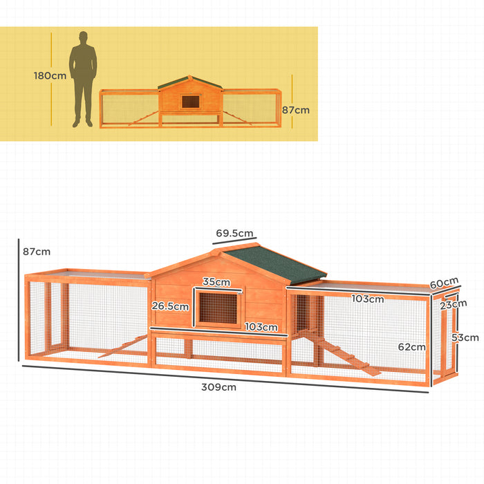 Outdoor Wooden Rabbit Hutch with Spacious Run - Includes Tray, Ramps, and Durable Asphalt Roof - Ideal for Pet Rabbits and Small Animals, 309x70x87cm, Orange Color