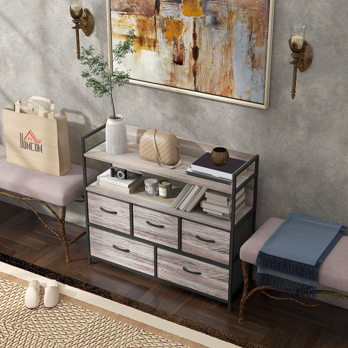 Rustic-Styled Chest with 5 Fabric Drawers - Grey Wood Grain Finish - Ideal Storage Solution for Cozy Home Decor