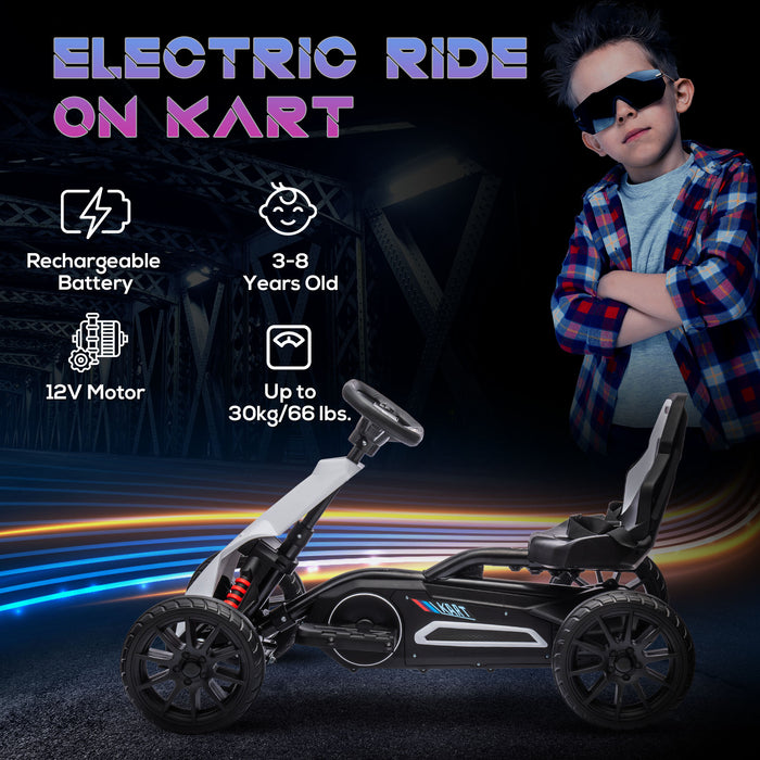 Kids' 12V Electric Racing Go Kart - Ride-On with Forward/Reverse, Rechargeable Battery, Dual Speeds - Ideal for Children 3-8 Years, White