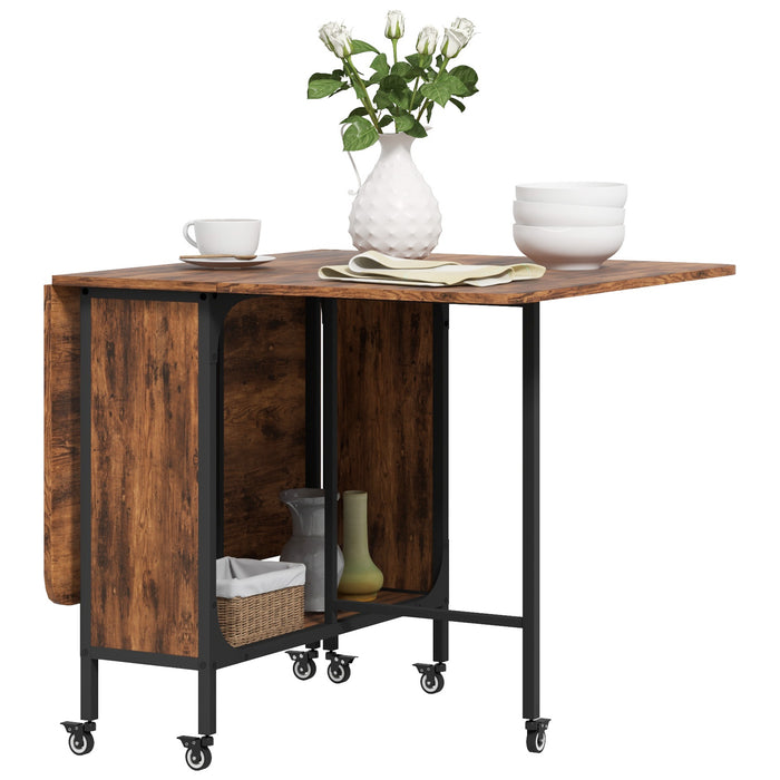 Mobile Drop Leaf Table - Versatile Foldable Kitchen and Dining Table with Storage, Extendable for Small Spaces - Equipped with 6 Wheels for Easy Movement, Rustic Brown Finish