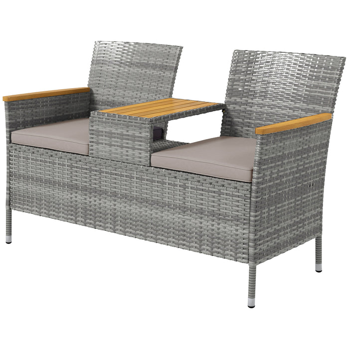 Rattan Two-Seater Loveseat with Integrated Wood-Top Table - Stylish Grey Outdoor Furniture - Perfect for Patio Conversation and Relaxation