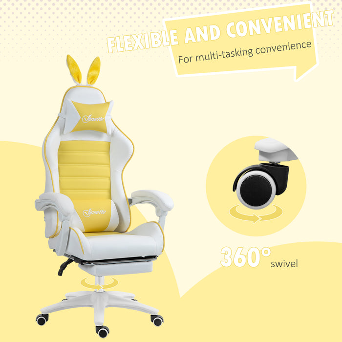 Racing Style Gaming Chair with Removable Rabbit Ears - PU Leather Adjustable Recliner, Footrest, Lumbar & Headrest Support, in Vibrant Yellow - Comfort for Gamers and Home Office Use