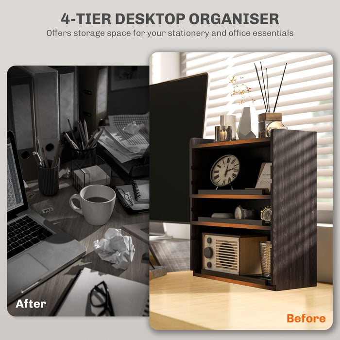 Four-Tier Desk Organizer - Compact & Space-Saving Dark Brown Storage Solution - Ideal for Home Office Clutter Management