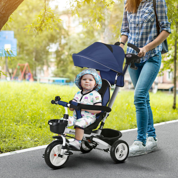 4-in-1 Baby Push Tricycle with Metal Frame and Parent Handle - Versatile and Durable Ride-on Toy for Toddlers - Ideal for 1-5 Year Olds, Dark Blue