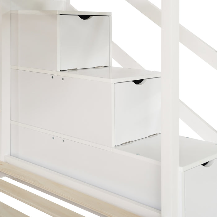 Solid Pine Wood Twin Sleeper with Storage - Cabin Bunk Bed with Built-in Staircase, Cupboards, and Underbed Drawers, 235x97x217 cm in White - Ideal Space Saver for Kids' Bedroom