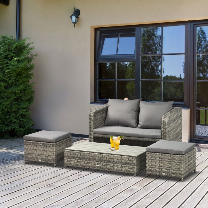 4-Piece Rattan Garden Furniture Set - Outdoor Wicker Conversation Patio Sofa with Footstools and Lift-Top Coffee Table, Grey - Perfect for Family Lounge and Social Gatherings