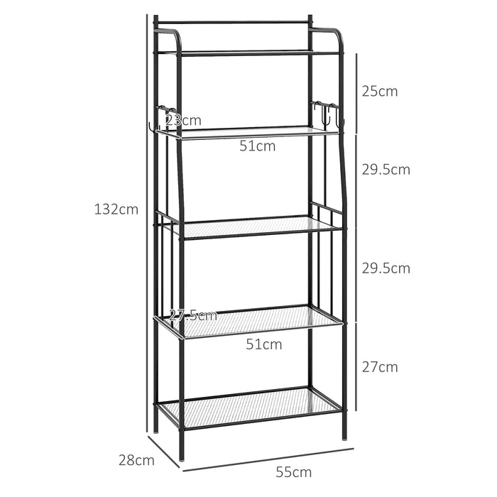 5-Tier Kitchen Storage Rack - Microwave Stand with Open Mesh Shelves & Bonus Hooks - Versatile Coffee Bar Station for Living Room, Steel Frame, Black