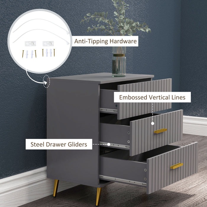 Modern 3-Drawer Bedroom Dresser - Dark Grey Storage Chest with Aluminum Legs - Sleek Organizational Furniture for Home Comfort