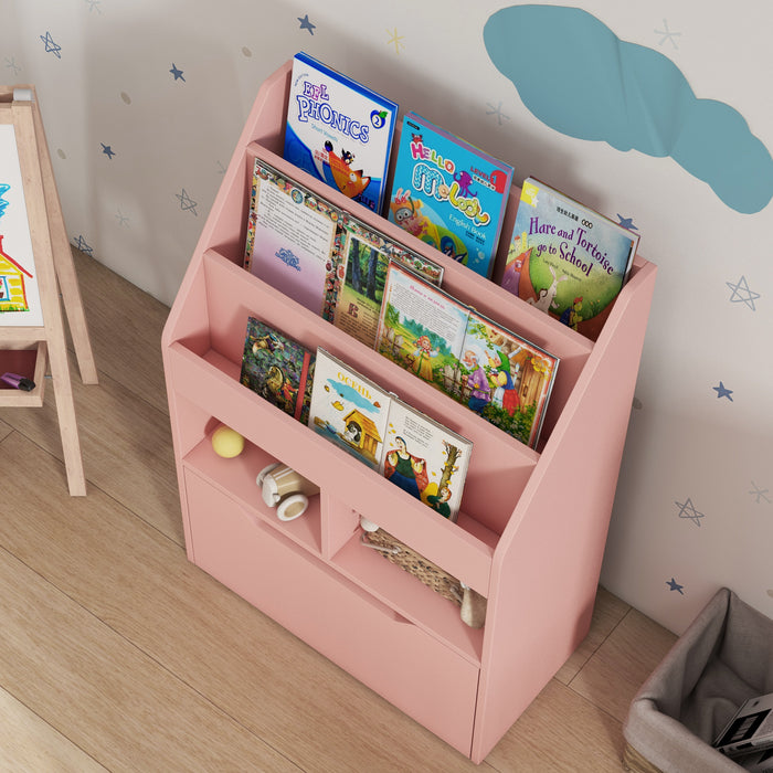 Kids Bookshelf and Toy Organizer with Drawer - Pink Mobile Storage Unit for Children's Playroom - Keeps Toys, Books Organized and Accessible