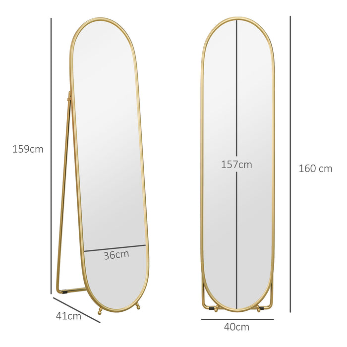 Full-Length Oval Mirror 40 x 160cm - Freestanding, Wall-Mounted, or Leaning Design with Support Frame - Elegant Gold Tone for Bedroom or Living Room Decor