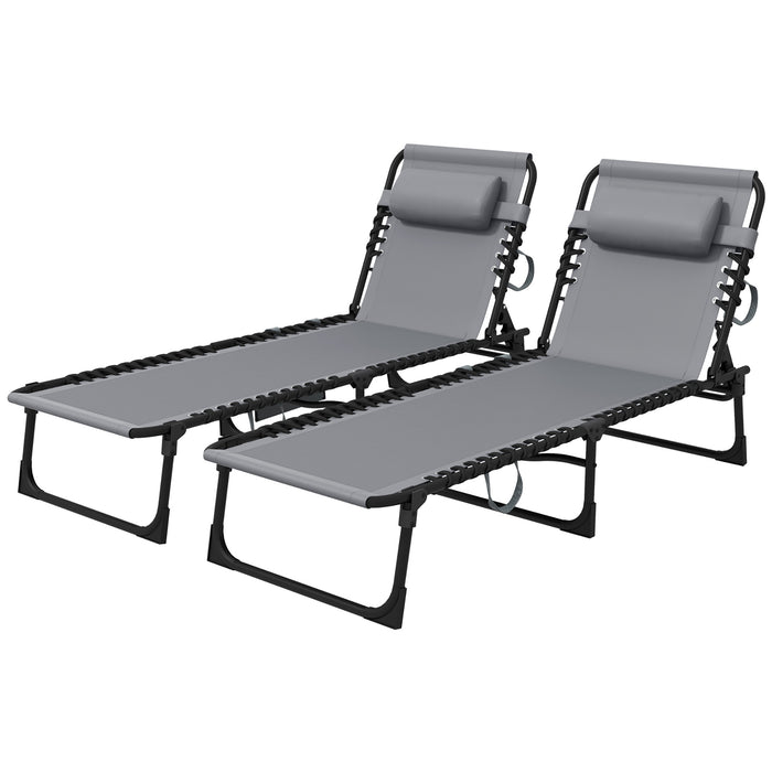 Folding Sun Lounger Set with Adjustable Backrest - 2-Pack Portable Reclining Chairs with Side Pocket & Pillow - Ideal for Patio, Beach, and Pool Relaxation, Grey