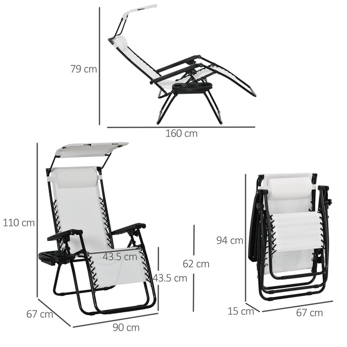 Foldable Zero Gravity Reclining Chair Set with Cup Holder & Canopy Shade - 2-Piece Garden Sun Loungers with Headrest, Footrest & Armrest - Outdoor Relaxation & Comfort, White