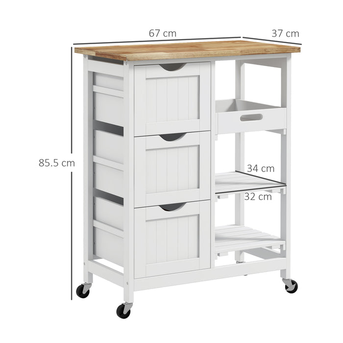 Kitchen Island on Wheels with Wood Top - Rolling Bar Serving Cart with Shelves & Drawers - Compact Trolley for Home Dining & Entertaining, White