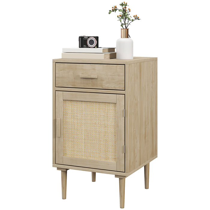 Rattan Bedside Table with Drawer and Cabinet - Bohemian Style Side Table with Adjustable Shelf, Natural Wood Finish - Functional Storage Solution for Bedroom and Living Room