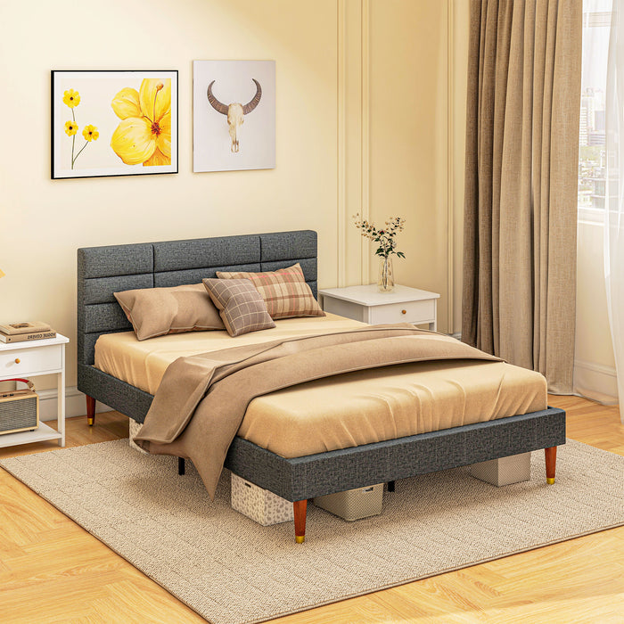 4ft5 Double Platform Bed - Upholstered with Tufted Headboard, Underbed Storage, Wood Slat Support - No Box Spring Required, Space-Saving Design