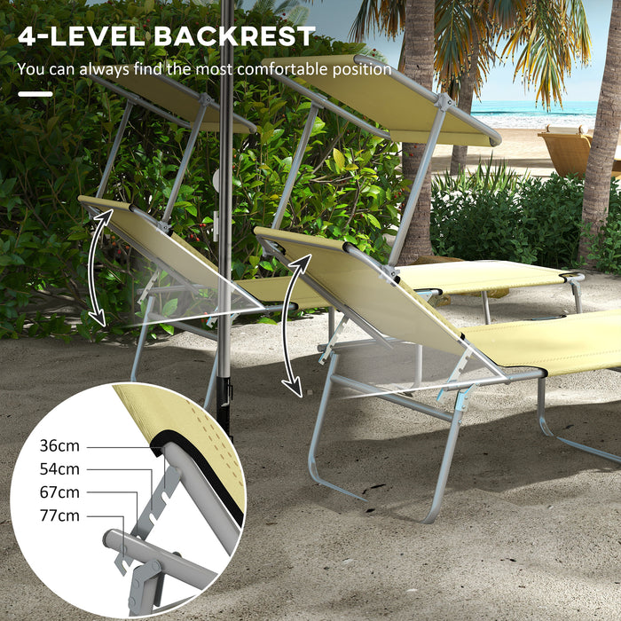 Foldable Twin Sun Lounger Chairs with 4-Level Adjustable Backrest and Sunshade - Reclining Beach and Patio Furniture in Beige - Ideal for Sunbathing and Relaxation Outdoors