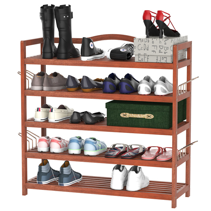 5-Tier Acacia Wooden Shoe Rack - Entryway and Living Room Shoe Storage Organizer with Hangers, 84 x 26 x 82 cm, Teak Finish - Accommodates Up to 24 Pairs of Shoes