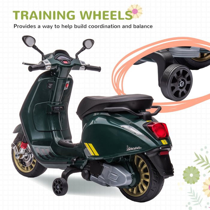 Vespa Licensed 12V Kids Electric Scooter - Interactive Features with Music, Headlights, FM Radio - Perfect Ride-on Toy for Children Aged 3-6, Vibrant Green