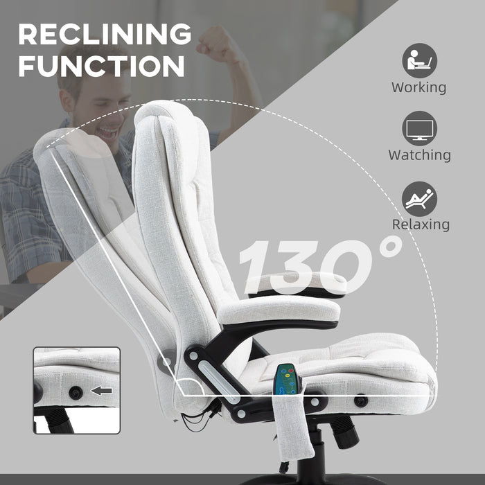 Heated Massage Recliner Chair with Linen Fabric - 6-Point Vibrating Office Chair with Swivel Casters - Comfort for Home and Office Use, Cream White