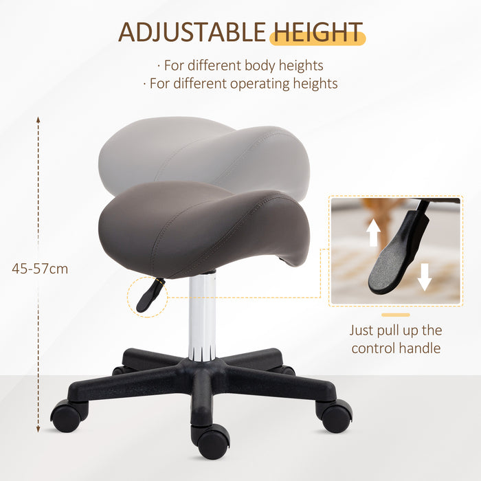 Ergonomic Saddle Stool with Steel Frame - PU Leather Rolling Chair, Adjustable, for Salon, Spa, Massage, Tattoo - Comfortable Seating for Beauticians and Tattoo Artists, Grey