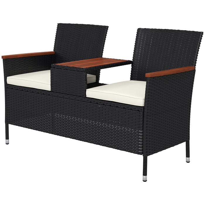 Rattan Two-Seater Loveseat with Integrated Wood-Top Table - Elegant Black Finish - Perfect for Couples or Small Patios