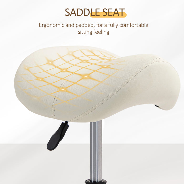 Adjustable White Saddle Stool - PU Leather, Steel Frame, Rolling Salon Chair for Massage, Spa, Beauty & Tattoo - Comfortable Seating for Professionals