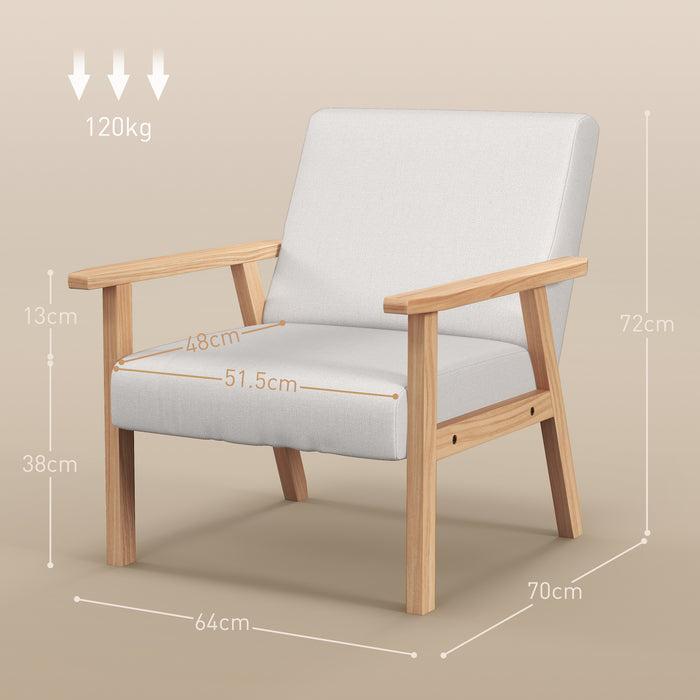 Thick Linen-Cushioned Accent Chair with Wood Frame - Wide Seat Armchair in Cream White, Ideal for Bedroom & Office Furniture - Comfortable Seating for Home Spaces