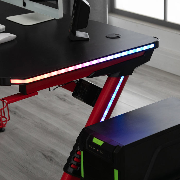 RGB LED Gaming Desk - Racing Style Workstation with Cup Holder and Cable Management - Ideal for Gamers and Streamers