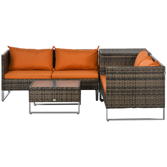 Outdoor Rattan Wicker Patio Set - 4 PCs Corner Sofa, Love Seat & Table with Storage - Cozy Orange Cushions for Garden Lounging