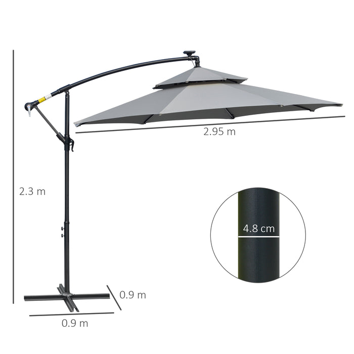 Cantilever Banana Parasol with LED Solar Lights - Double Roof Hanging Umbrella with Crank, 8 Ribs & Cross Base - Outdoor Oasis for Garden, Patio Use in Light Grey