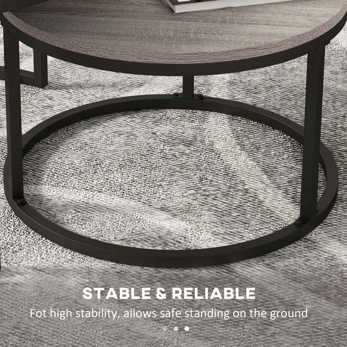 Industrial Nesting Coffee Table Duo - Wood Effect Top with Sturdy Steel Frame, Round Accent Tables - Ideal for Living Room Space Saving & Decor