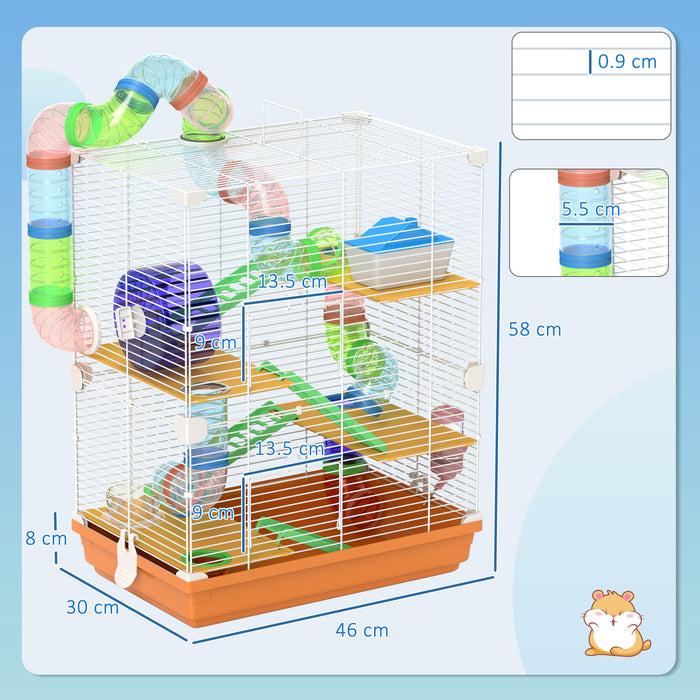 Aosom UK 5-Tier Hamster Cage - Spacious Carrier Habitat with Exercise Wheels and Tunnel, Vibrant Orange Design - Perfect for Active Hamsters and Small Pets