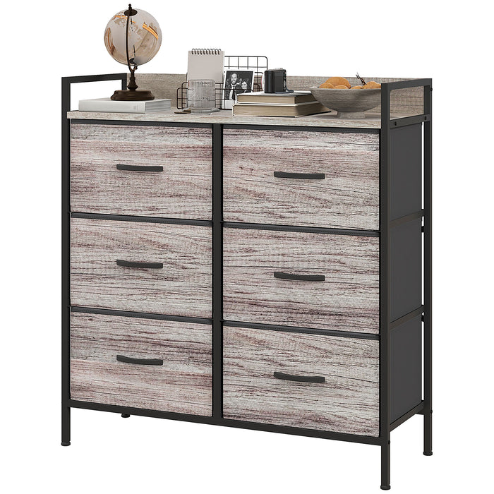 Rustic Storage Unit with 6 Fabric Drawers - Grey Wood Finish - Stylish Organizer for Bedroom or Living Area