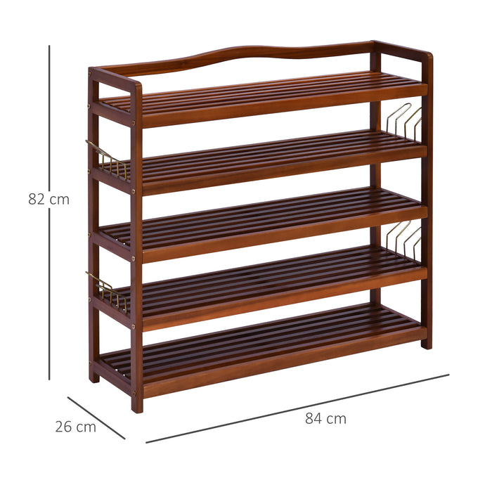 5-Tier Acacia Wooden Shoe Rack - Entryway and Living Room Shoe Storage Organizer with Hangers, 84 x 26 x 82 cm, Teak Finish - Accommodates Up to 24 Pairs of Shoes