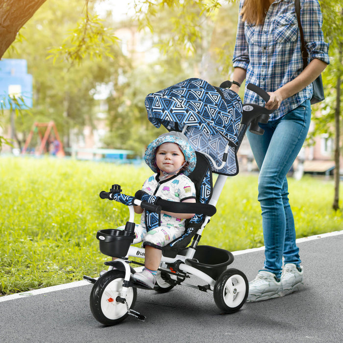 4-in-1 Baby Push Tricycle with Metal Frame - Light Blue Toddler Trike with Parent Handle - Versatile Ride-On Toy for Ages 1-5 Years