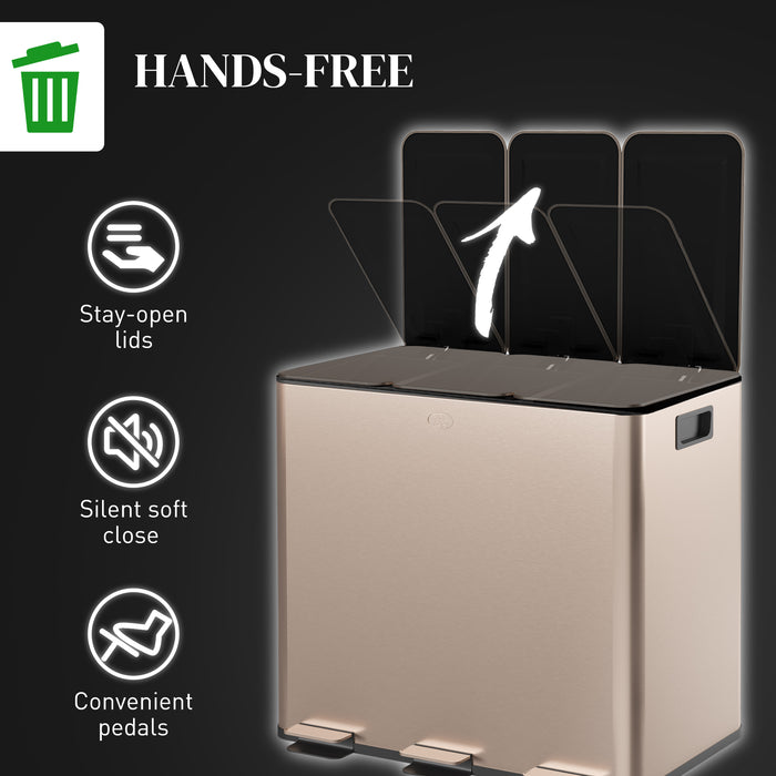 Steel Triple Pedal Bin, 15L Compartments - Soft Close Lid, Removable Buckets, Fingerprint-Proof Finish in Luxurious Gold Tone - Ideal for Recycling & Waste Management in Kitchens