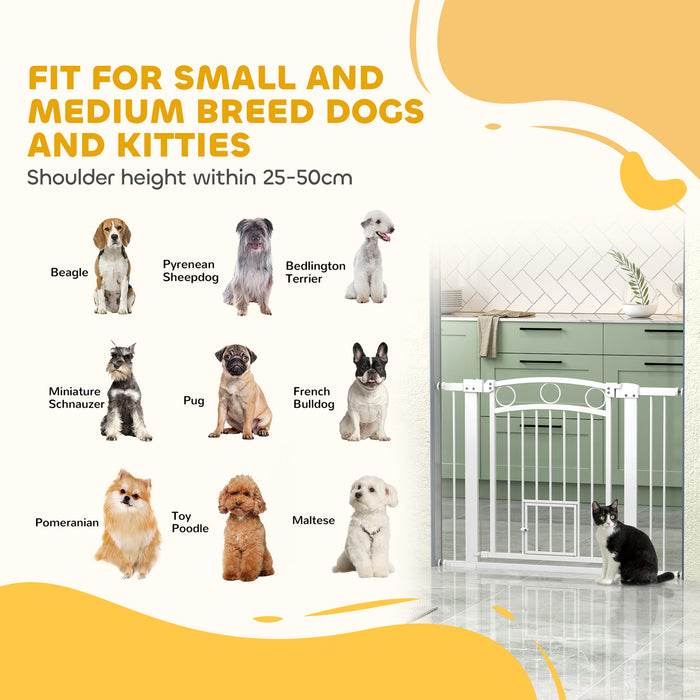 PawHut 77cm Tall Dog Gate with Cat Door, 7cm and 14cm Extensions, for Stairs & Doorways, 76-104cm Width