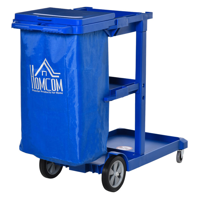 Janitorial Cleaning Cart with Wheels - 3-Tier Utility Trolley with Trash Bag and Mop Holder, Blue - Ideal for Hotel & Office Housekeeping