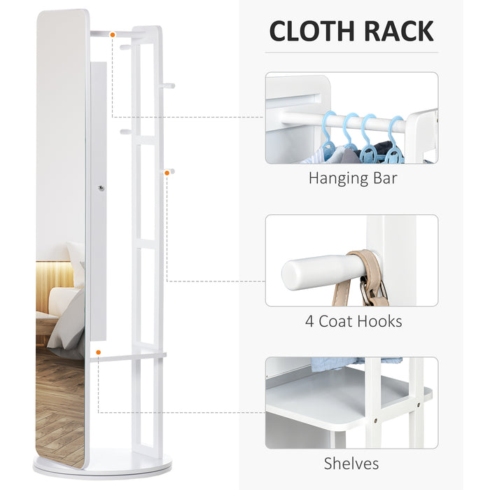 360° Rotating Full-Length Mirror with Jewelry Storage - Bedroom Floor Mirror with Hanging Bar and Coat Rack - Space-Saving Furniture for Living Room and Bedroom Use