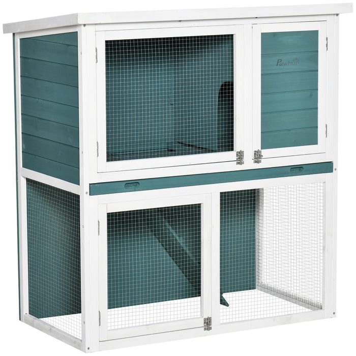 2 Tier Wooden Rabbit Hutch - Guinea Pig and Bunny Cage with Slide-out Tray, Outdoor Animal House - Ideal for Small Pets, 104x58x110cm, Green