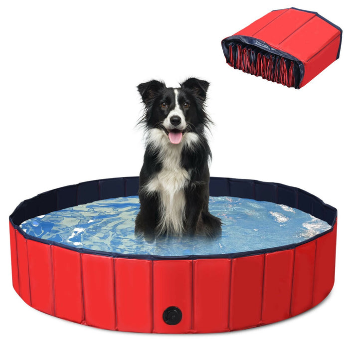 XXL - Foldable Pet Bath Swimming Pool with Rotatable Drain Valve in Red - Ideal for Large Pets or Multiple Small Pets for Easy Bathing and Fun Swimming Experience