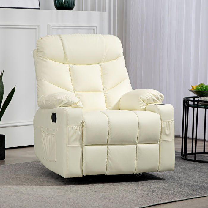 Manual Swivel Recliner Armchair - Comfortable Faux Leather with Footrest and Cup Holders - Ideal for Relaxation and Lounging, Cream, 86x93x102cm