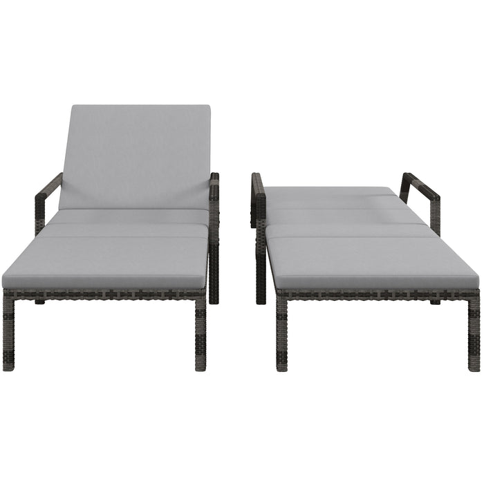 Outdoor Rattan Sun Lounger Pair - Wicker Chaise with 5-Level Backrest Adjustment and Wheels, Grey - Ideal for Patio Relaxation and Comfort