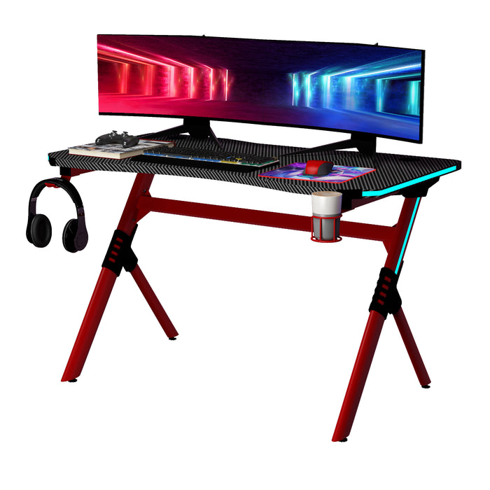 RGB LED Gaming Desk - Racing Style Workstation with Cup Holder and Cable Management - Ideal for Gamers and Streamers