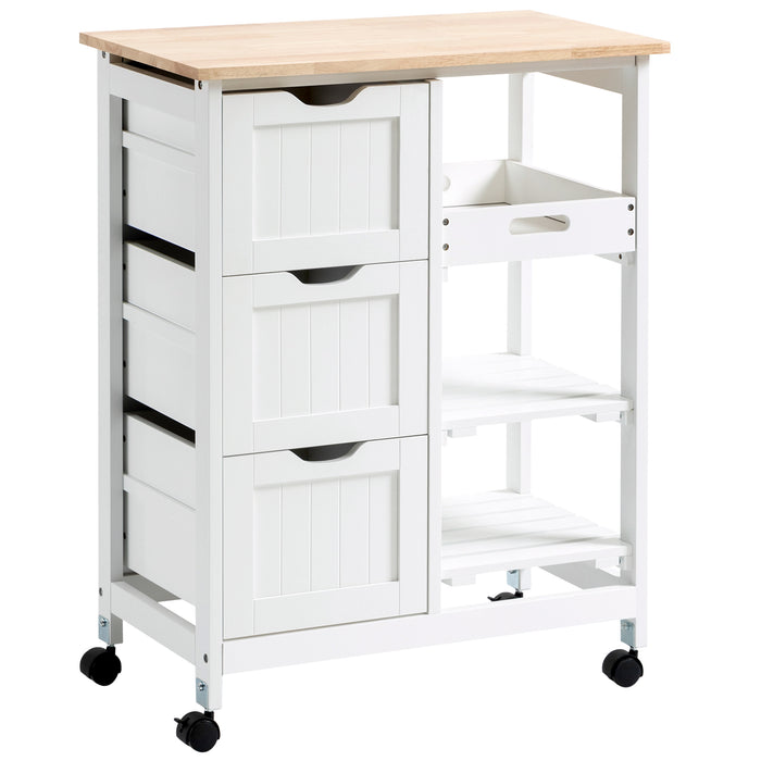 Compact Rolling Kitchen Island - Wood Top Trolley with Shelves & Drawers, Wheeled Serving Cart - Space-Saving Storage Solution for Home Dining Areas