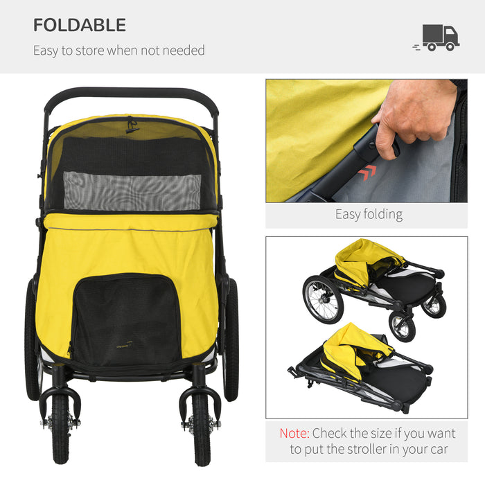 Foldable Canine & Feline Cart - Washable Cushion, Storage Bags & Safety Leash Features - Ideal for Medium to Large Pets on the Go, Vibrant Yellow