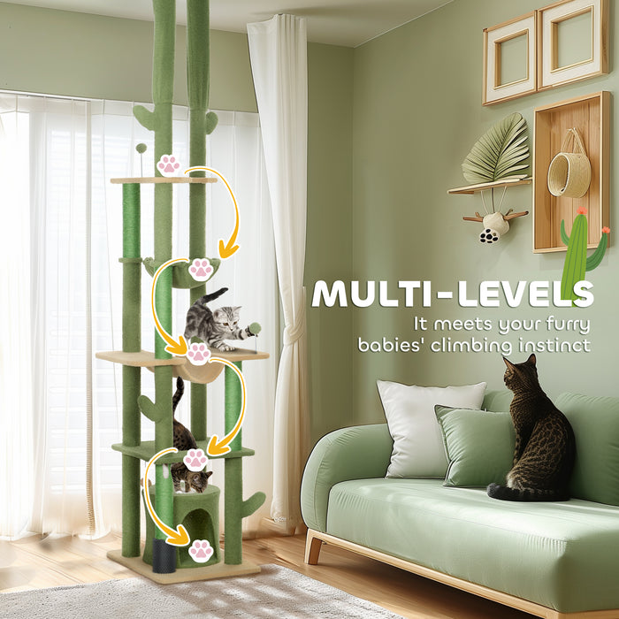 PawHut 225-255cm Height Adjustable Floor to Ceiling Cat Tree, Tall Cat Tower for Indoor Cats w/ Scratching Posts - Green | Aosom UK